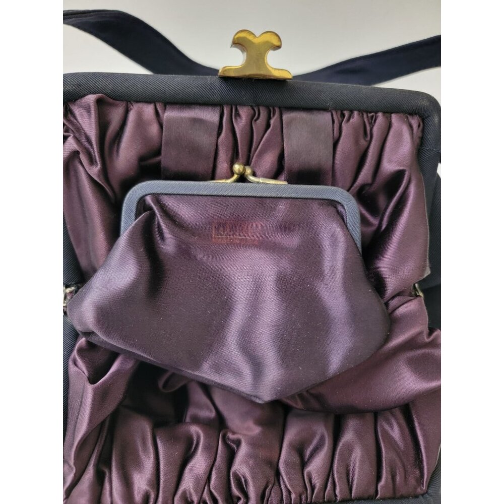 JR USA Vtg Navy Blue Evening Purse Handbag w/ Brass Clasp & Purple Satin Lining - Picture 6 of 9